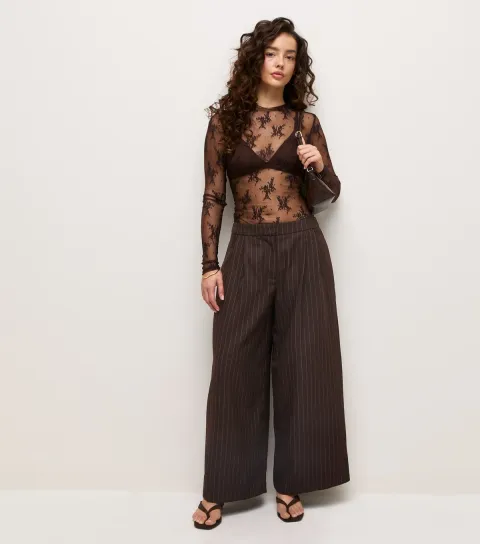 Women's Petite Brown Pinstripe Wide Leg Tailored Trousers