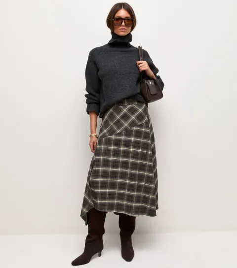 New Look Women's Brown Checked Handkerchief Hem Midi Skirt