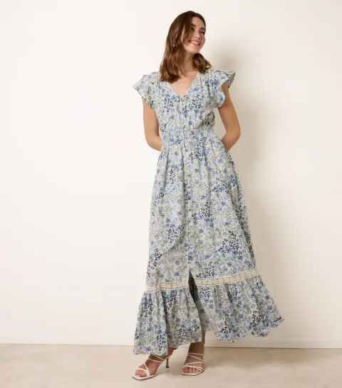 Women's Blue Floral Button Through Maxi Dress