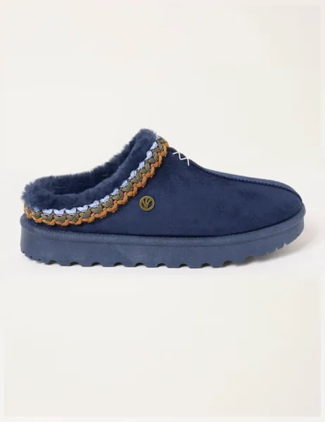 Faux Fur Lined Mule Slippers Navy Mix