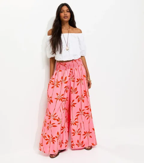 Women's Pink Crepe Palm Tree Print Palazzo Trousers