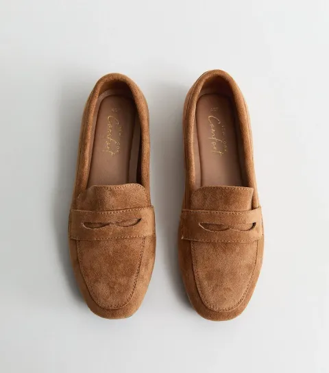 Women's Tan Faux Suede Flat Penny Loafers Vegan
