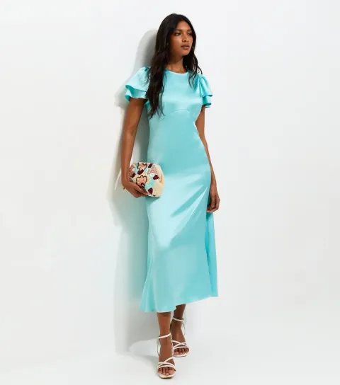 Women's Light Blue Satin Flutter Sleeve Midi Dress