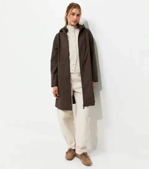 Women's Dark Brown Zip Front Rubberised Rain Anorak