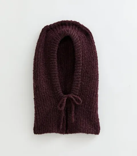 New Look Dark Burgundy Ribbed Knit Balaclava Hood