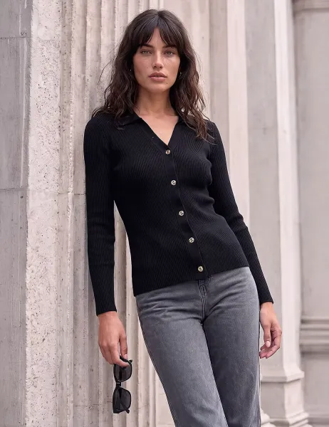Roman Ribbed Knitted Henley Top Black Mix