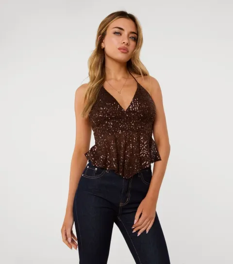 Women's Brown Sequin Halterneck Top