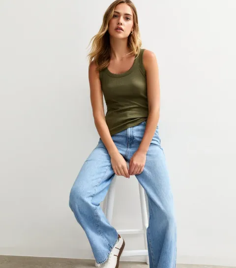 Women's Dark Khaki Wide Strap Scoop Neck Ribbed Vest
