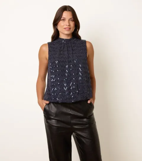 Blue Vanilla Women's Navy High Neck Lurex Puff Ball Blouse