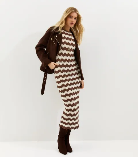 Women's Brown Cotton Rich Knit Sleeveless Zig Zag Beach Maxi Dress