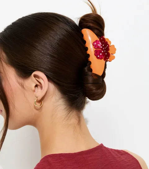 Bright Orange Diamanté Flower Hair Claw Clip