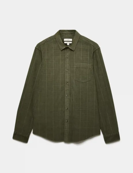 Marks & Spencer Regular Fit Checked Corduroy Shirt Khaki