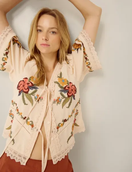 Monsoon Floral Embroidered Tie Front V-Neck Blouse Cream Mix