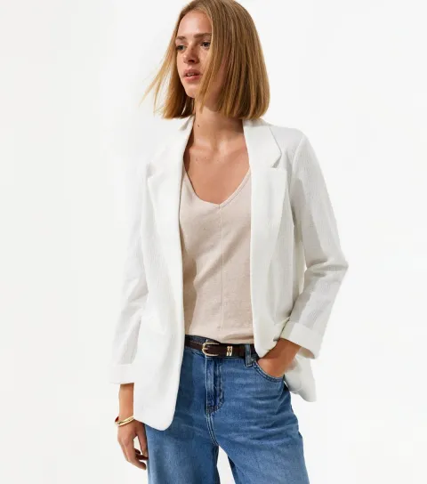 Women's White Stretchy Textured Jersey Blazer