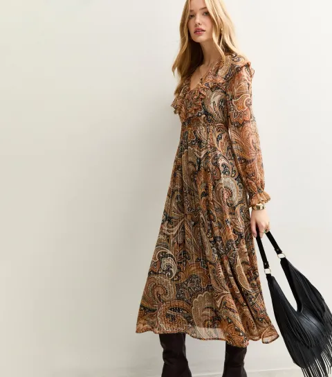 New Look Women's Brown Paisley Print Chiffon Long Sleeve Midi Dress