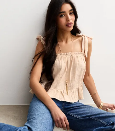 Women's Stone Textured Tiered Hem Tie Strap Top