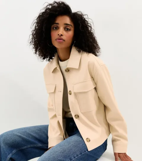 Women's Off White Faux Leather Flap Pocket Shacket Vegan