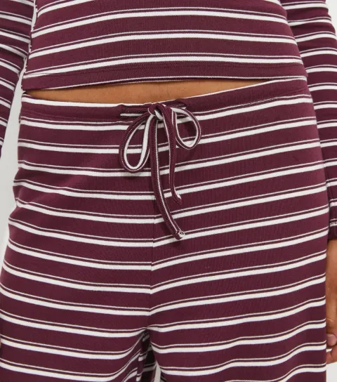 Women's Red Cotton Rich Striped Wide Leg Drawstring Trousers