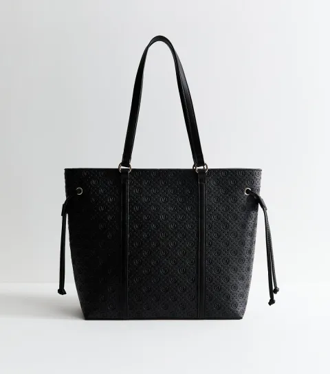 Black Faux Leather Debossed Logo Tote Bag Vegan