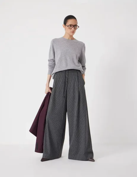 HUSH Striped Drawstring Wide Leg Trousers Grey Mix