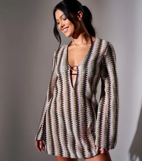Women's Multi Colour Crochet Sequin Mini Kaftan Dress