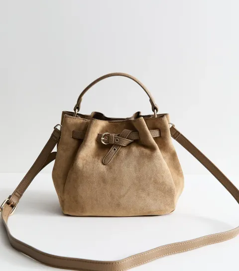 Camel Faux Suede Belted Bucket Bag