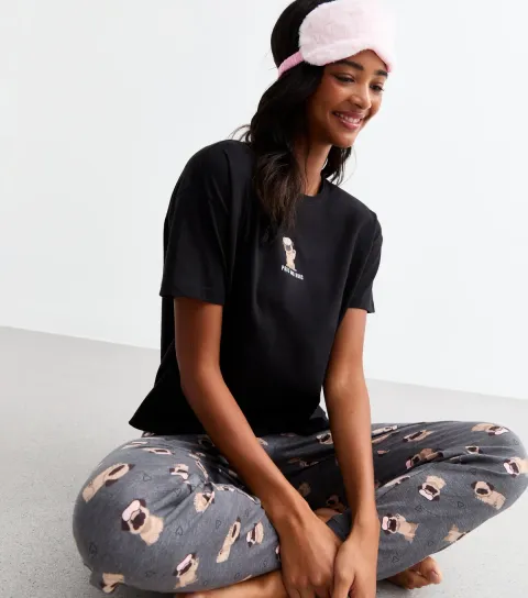 New Look Women's Black Cotton Hugs & Pugs Pyjama Set