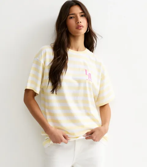 Women's Yellow Striped LA Print Oversized T-Shirt