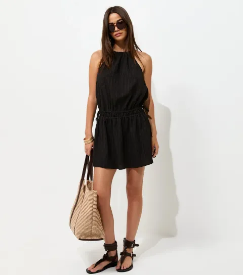 Women's Black Dropped Waist Halter Neck Mini Dress