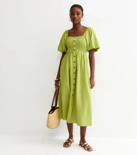 Women's Bright Green Faux Button Milkmaid Midi Dress