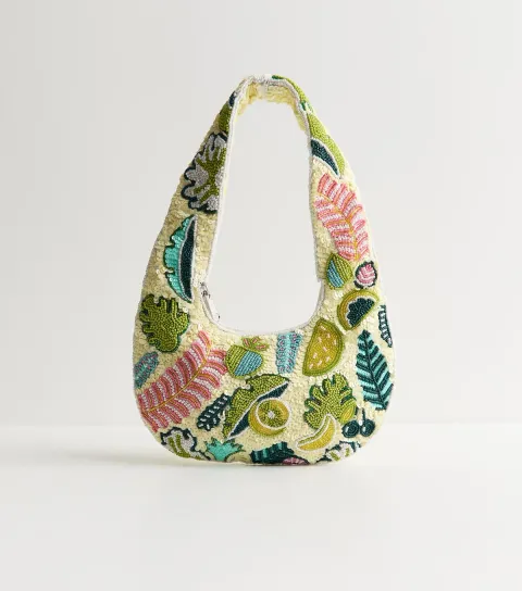 Green Tropical Beaded Shoulder Grab Bag