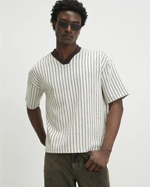 River Island Oversized Cotton V Neck Striped T-Shirt