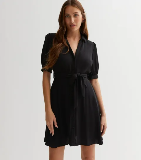 New Look Women's Black Puff Sleeve Belted Mini Shirt Dress