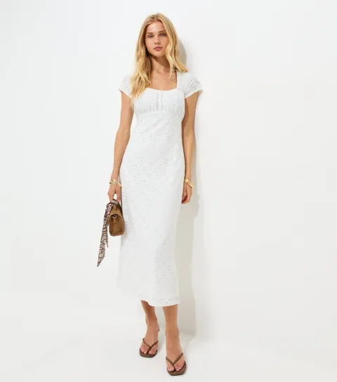 Women's White Broderie Anglaise Jersey Milkmaid Midi Dress