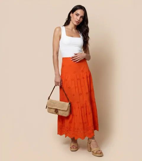 Urban Bliss Women's Bright Orange Cotton Broderie Anglaise Maxi Skirt