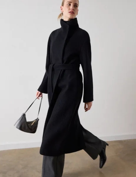 Whistles Pure Wool Funnel Neck Trench Coat Black