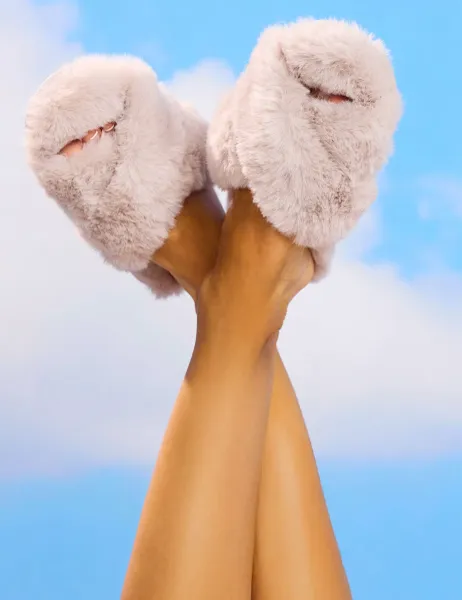 Boux Avenue Faux Fur Crossover Slider Slippers Grey