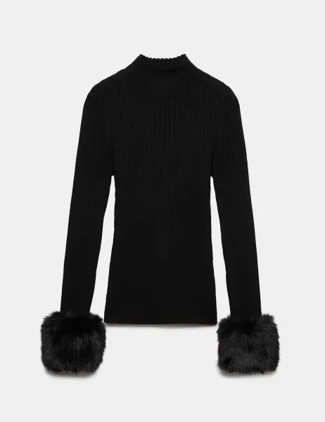Autograph Pure Merino Wool Ribbed High Neck Fur Trim Jumper Black