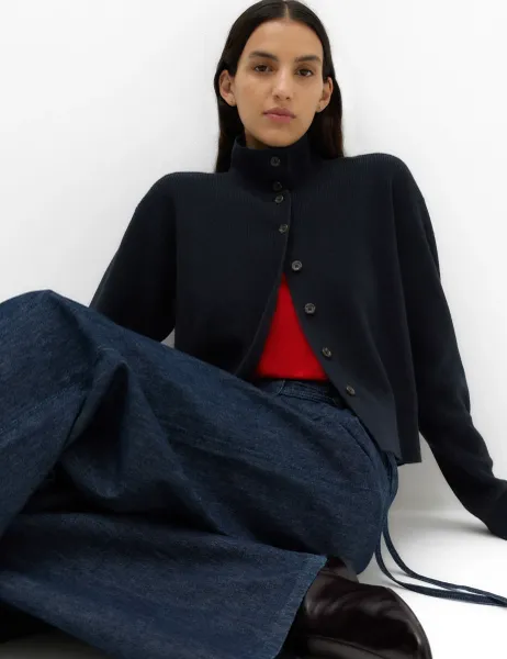 Marks & Spencer Ribbed Collared Button Through Knitted Jacket with Wool Midnight Navy