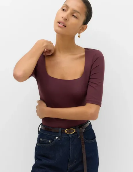 Marks & Spencer Square Neck Half Sleeve Fitted Bodysuit Burgundy