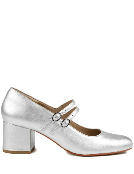 Jones Bootmaker Leather Metallic Block Heel Shoes Silver