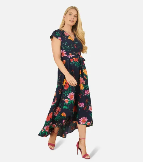 Women's Navy Floral Print Wrap Front Dress