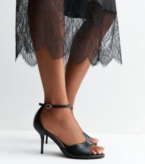 Women's Wide Fit Black Faux Leather Stiletto Sandals