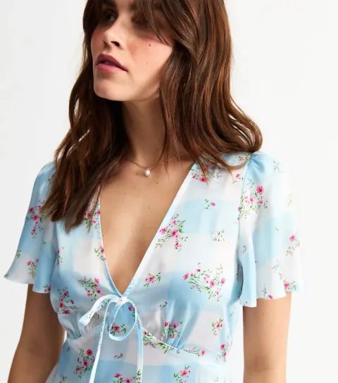 Women's Blue Satin Gingham Floral Print Mini Dress