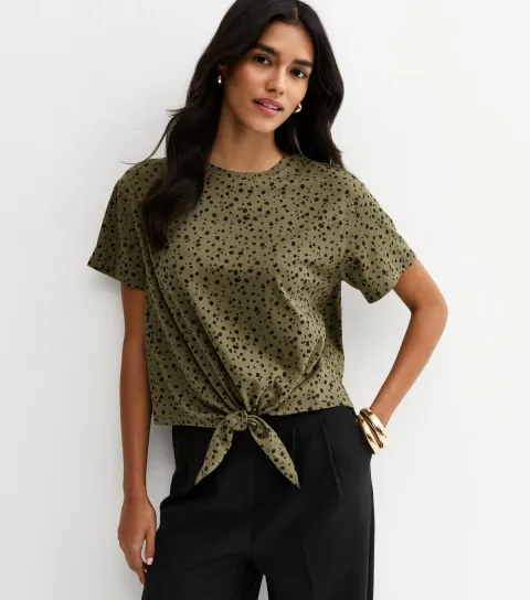 Women's Khaki Speckled Print Tie Front T-Shirt