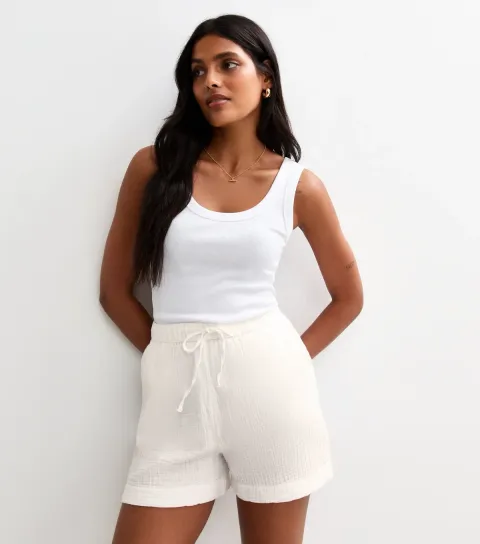 New Look Women's White Textured Drawstring Waist Shorts