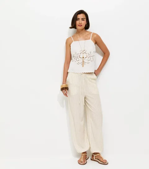 Women's White Pinstripe Cuffed Trousers