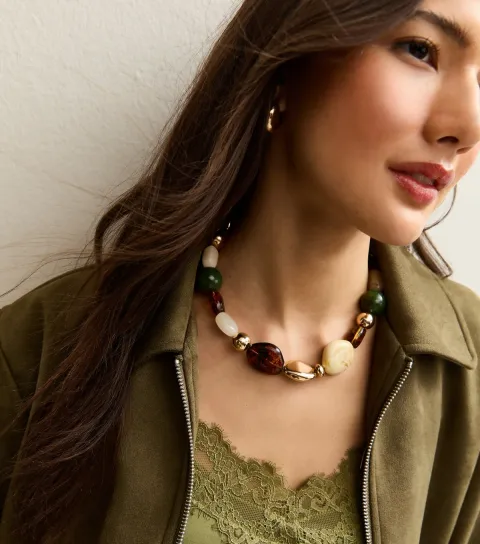 Gold Tone Mixed Resin Beaded Necklace