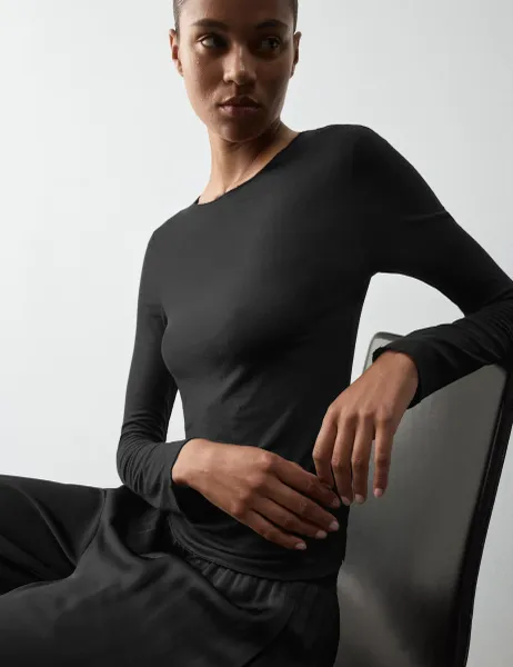 Autograph Sheer Pyjama Top with Cashmere Black