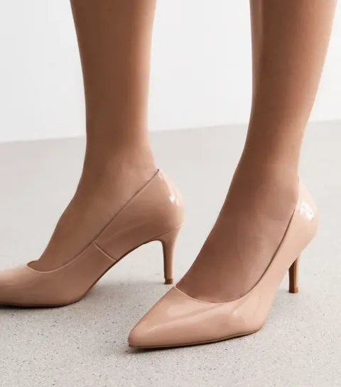 Women's Wide Fit Pink Faux Patent Court Shoes Vegan